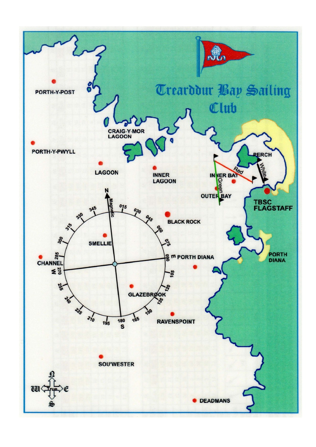 Trearddur Bay Sailing Club sailing area showing racing marks and magnetic bearings